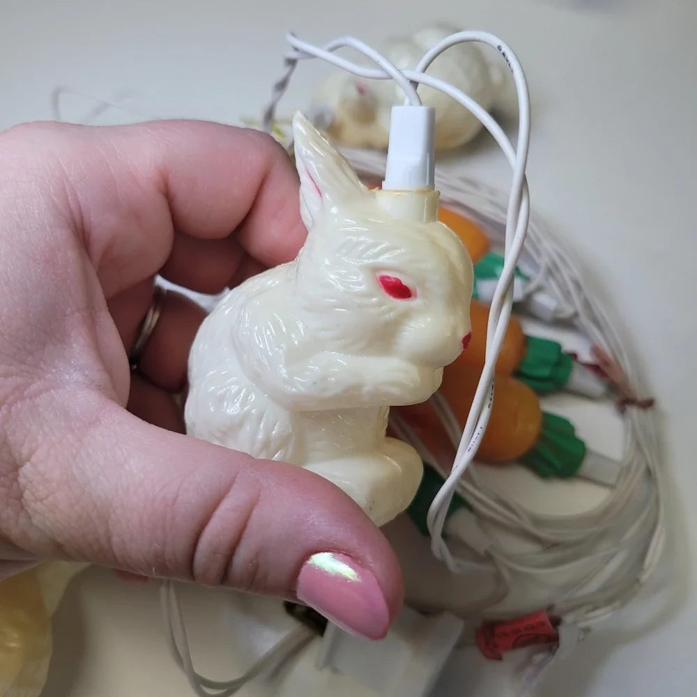 Vintage Easter Bunny and Carrot‎ String Lights Blow Mold Plastic Pastel Decor